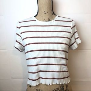 American Eagle cropped ribbed brown white and navy stripe baby tee XL